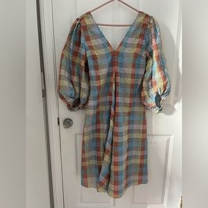 GANNI long puffer sleeve dress with square color pattern. Size: 38